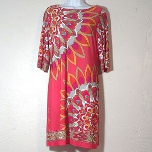 Women's Retro Funky Groovy Disco Vibrant Bright Pink Artsy Floral Stretchy Dress